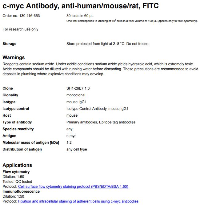 Anti-c-myc-FITC, SH1-26E7.1.3, 30 tests